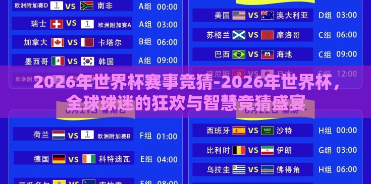 2026年世界杯赛事竞猜-2026年世界杯,全球球迷的狂欢与智慧竞猜盛宴 2026年世界杯赛事竞猜-2026年世界杯,全球球迷的狂欢与智慧竞猜盛宴