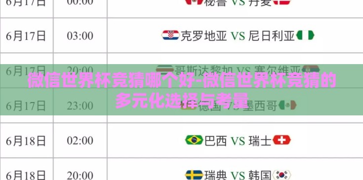 微信世界杯竞猜哪个好-微信世界杯竞猜的多元化选择与考量