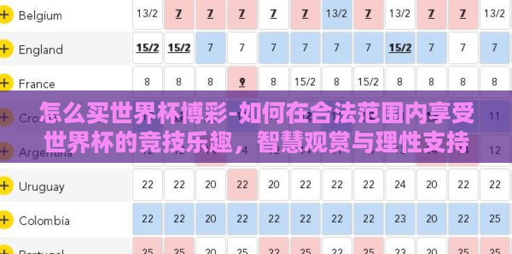 怎么买世界杯博彩-如何在合法范围内享受世界杯的竞技乐趣，智慧观赏与理性支持